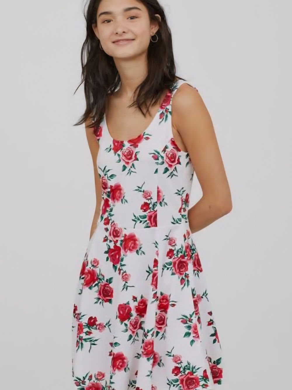H&M White Mini Dress with Red Rose Print